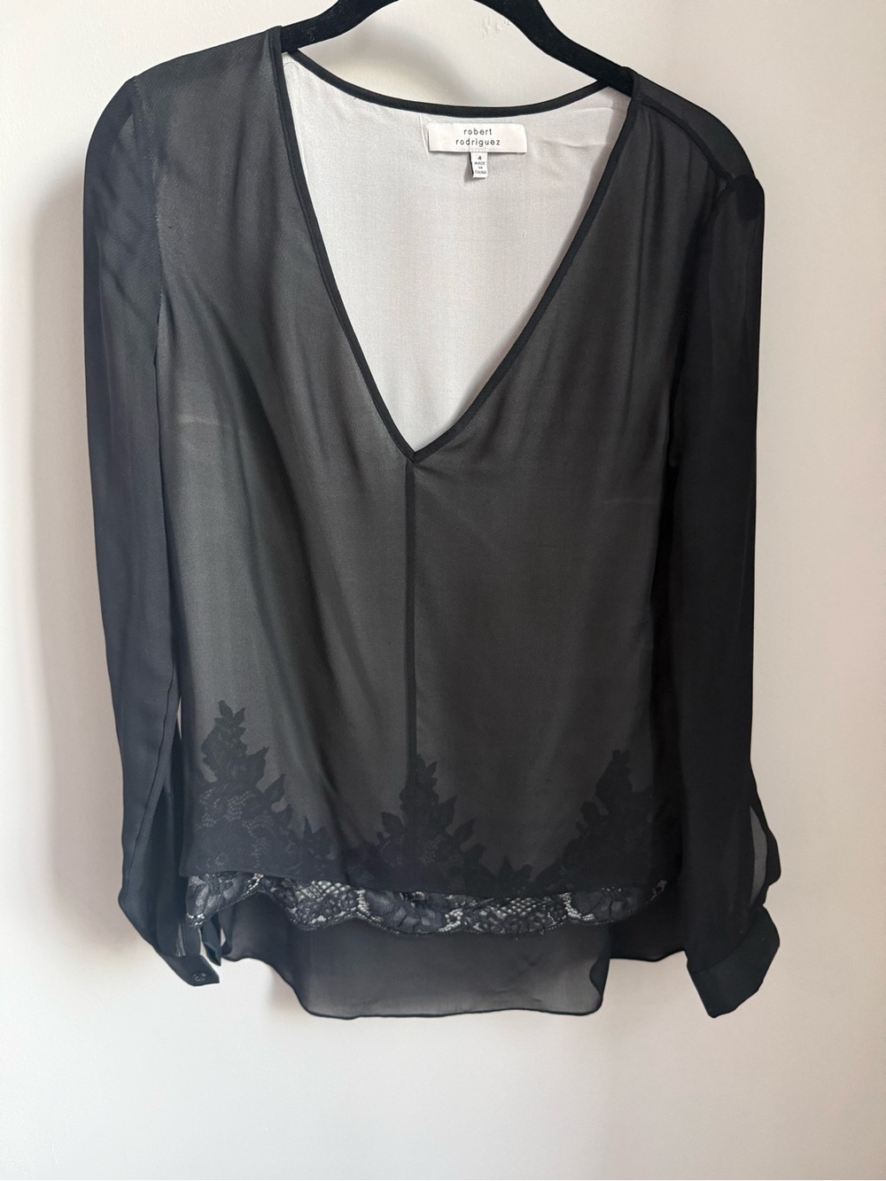 Robert Rodriguez Black Sheer V-Neck Lace-Hem Blouse